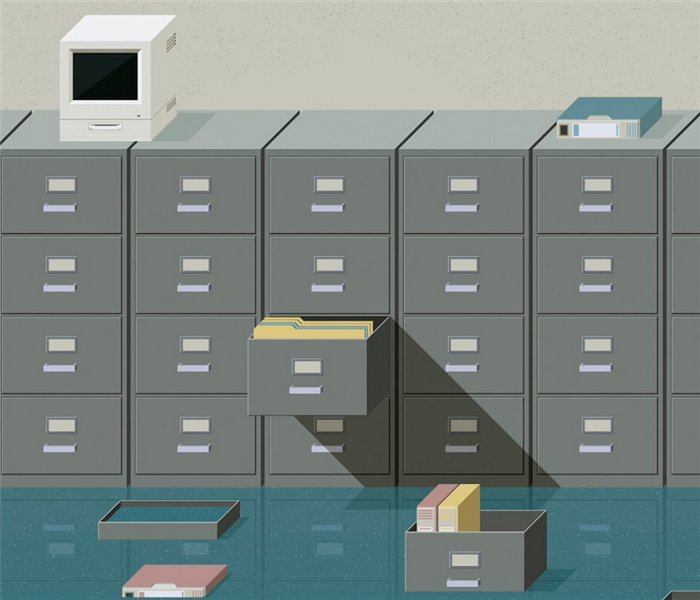 a flooded office with files floating and drawers floating around